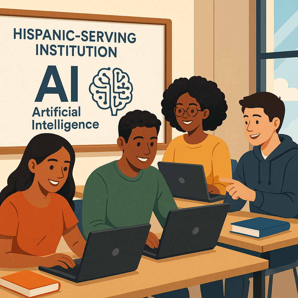 Diverse students engaged in AI learning at a Hispanic-Serving Institution