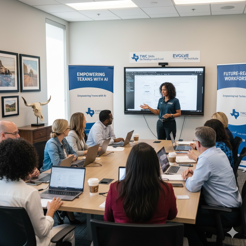 Texas business professionals engaged in AI skills training funded by TWC Skills Development Fund
